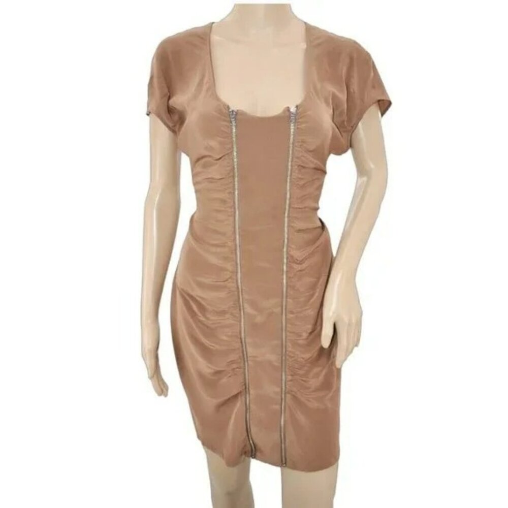 Ali Ro Brown Silk Fitted Shirred Scoop Neck Sheath Zip Front Zipper Dress 4
